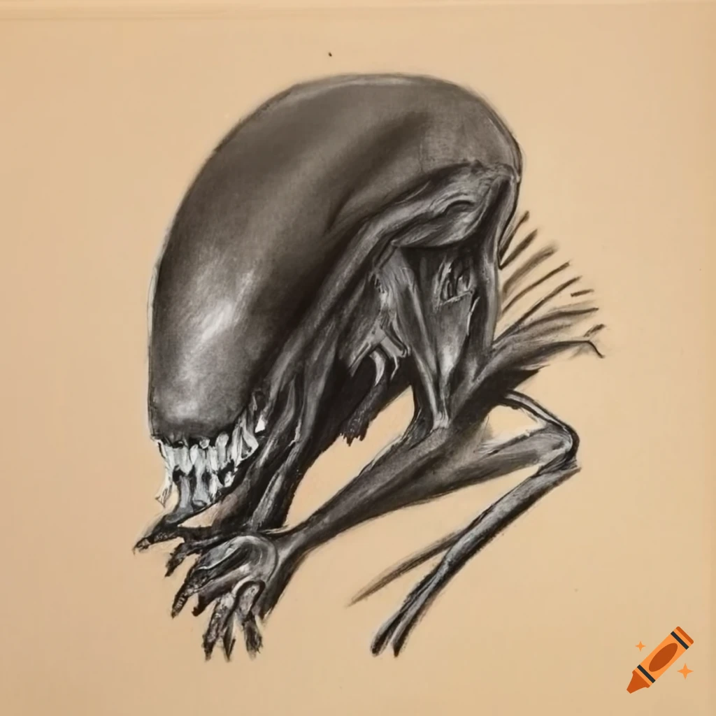 Xenomorph charcoal drawing on tan paper