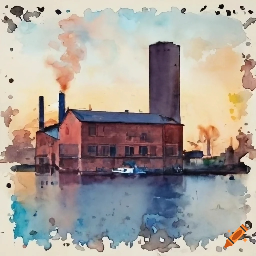 Watercolor of an old factory by the water with a silhouetted man as the main subject