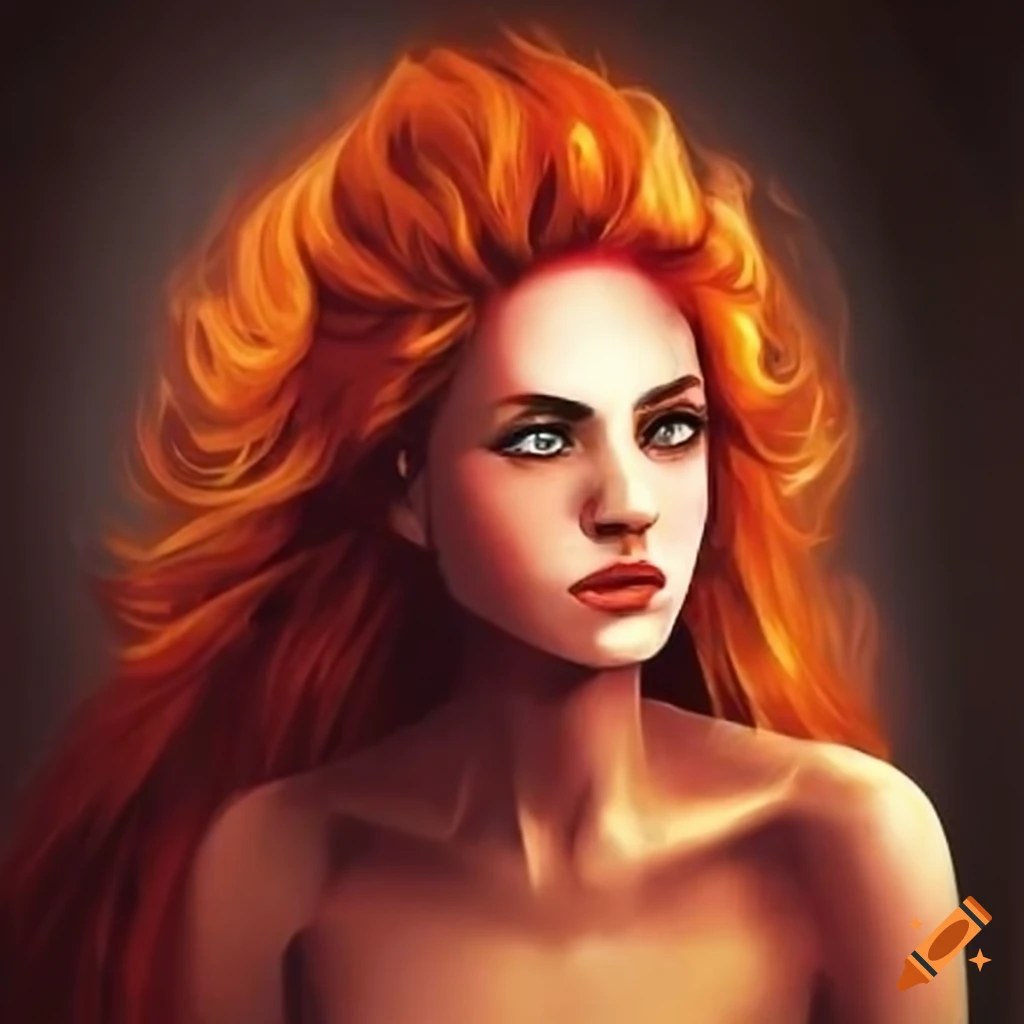 Woman with long flaming hair in a graphic novel style