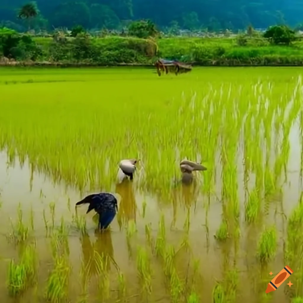 Farmers and birds on a rice field in Thailand