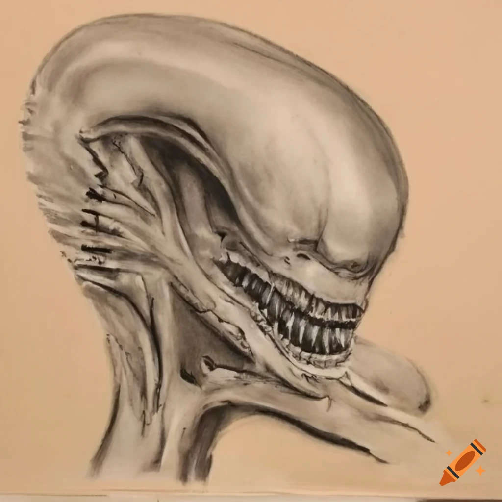 Xenomorph stalking in a charcoal drawing on tan paper