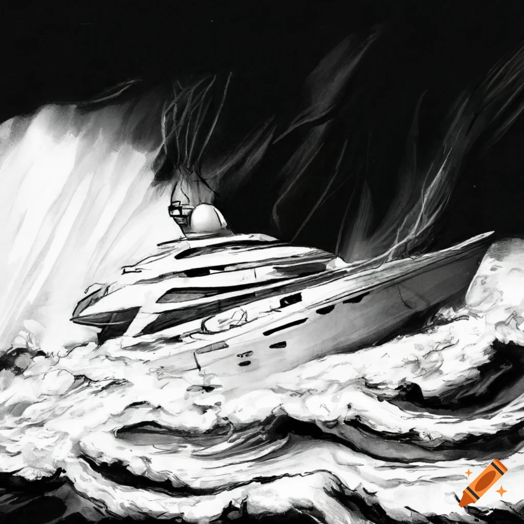 Modern yacht battling a storm at sea in a sketch