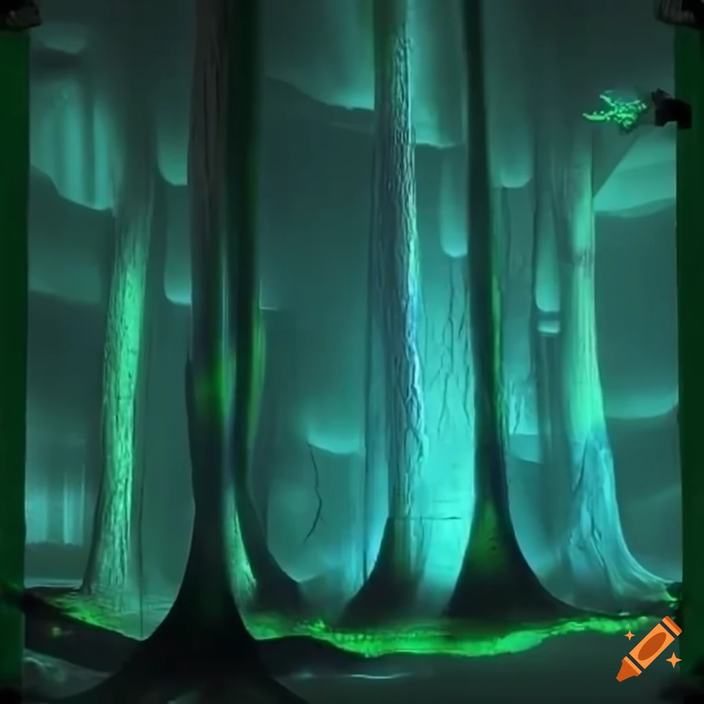 Biopunk paradise with glowing bioluminescent trees in a surreal forest