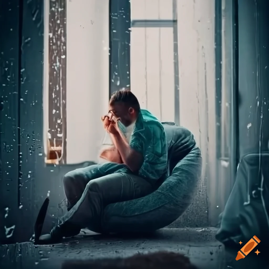 Man sitting by the window in a comfy armchair listening to the radio while rain falls outside