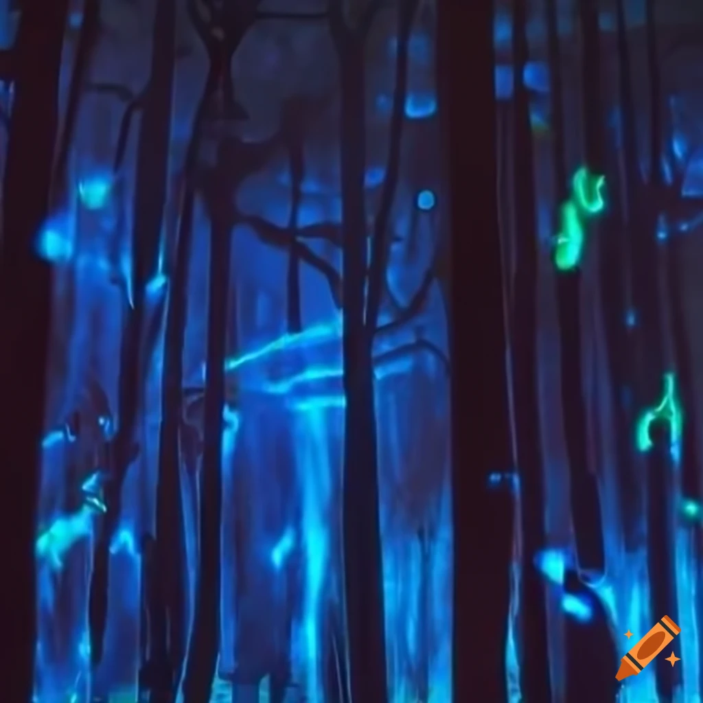 Biopunk paradise with glowing bioluminescent trees in a surreal forest