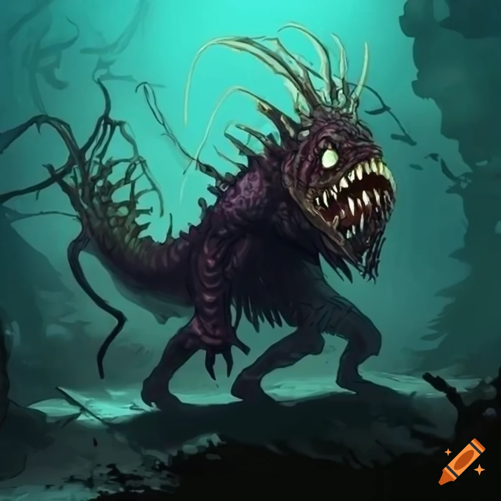 Lobius the devourer, elder Angler-Fish-man walking on wasteland