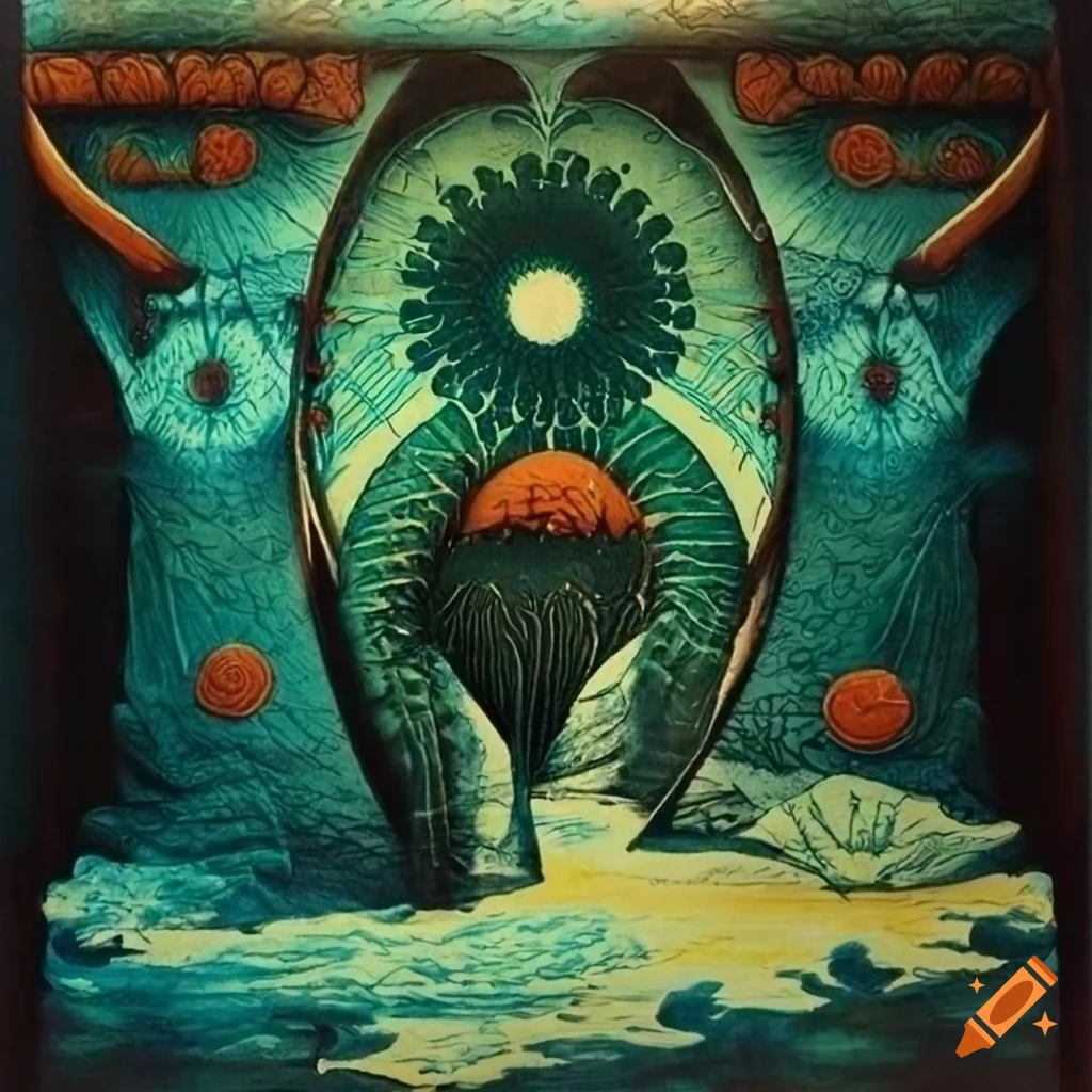 70s sci-fi fantasy landscape with plants and geometric leaves