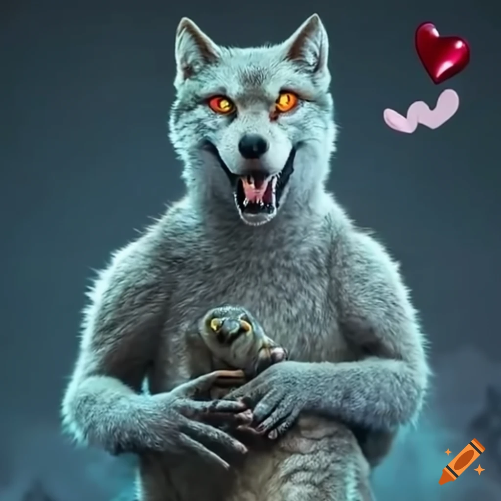 Wolfzilla carrying a cat for Valentine's day ad