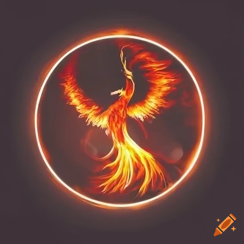 Fiery phoenix rising in a circle logo design with transparency