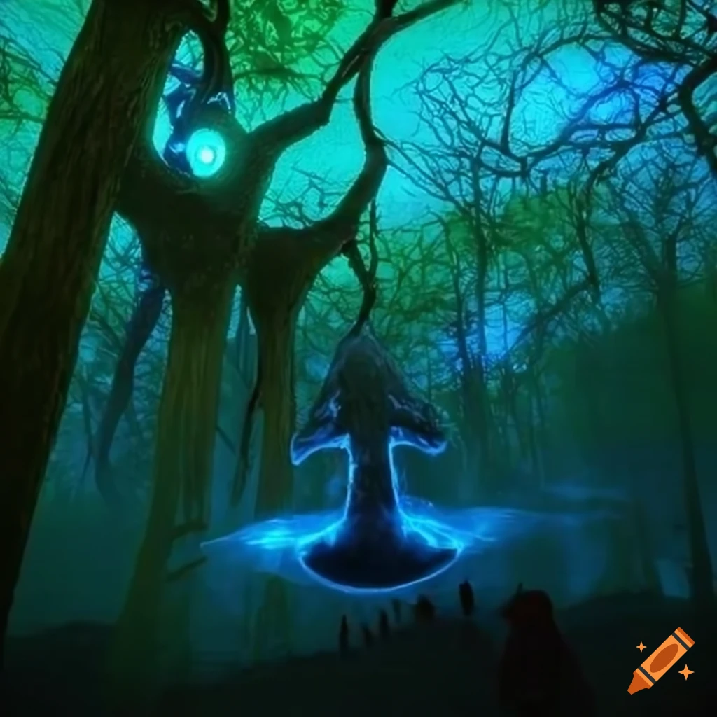 Biopunk paradise with glowing bioluminescent trees in a surreal forest
