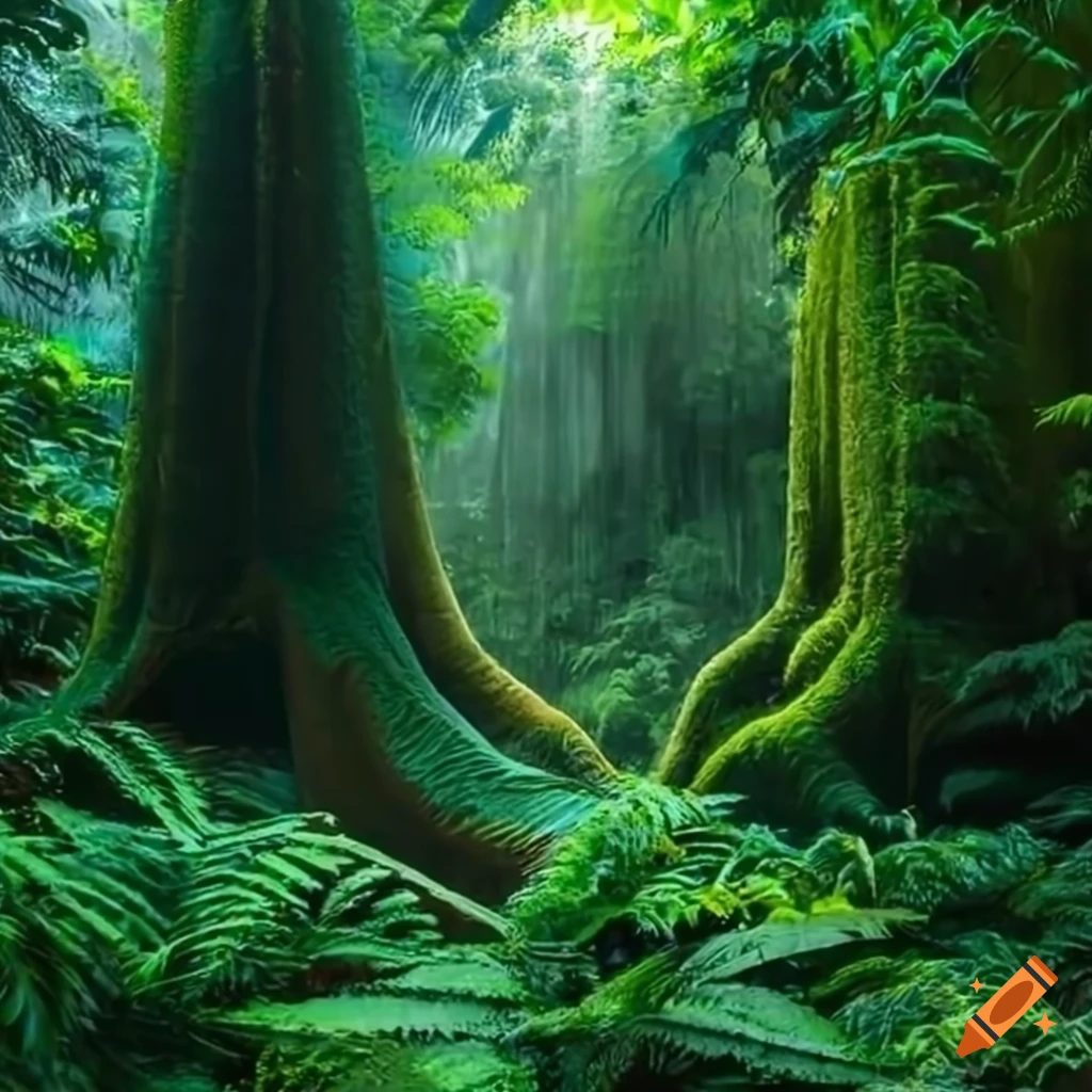 Lush and eerie rainforest with towering trees and vibrant vegetation