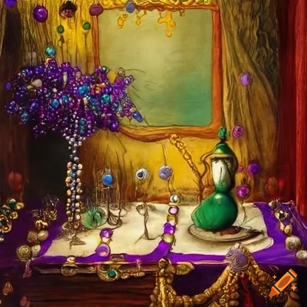 Vibrant Mardi Gras painting of mystical beads on a table