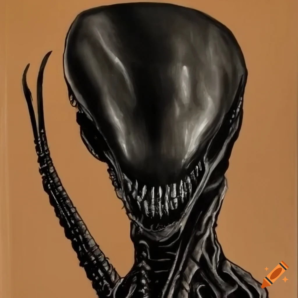 Charcoal drawing of the xenomorph on tan paper
