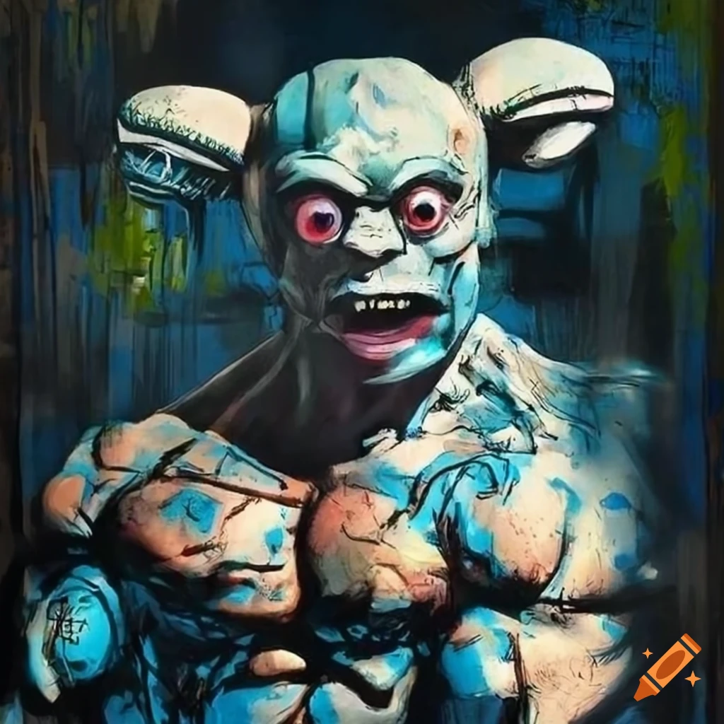 Muscular supervillain Brute Force with blue skin and spiky ears in Frank Miller art style