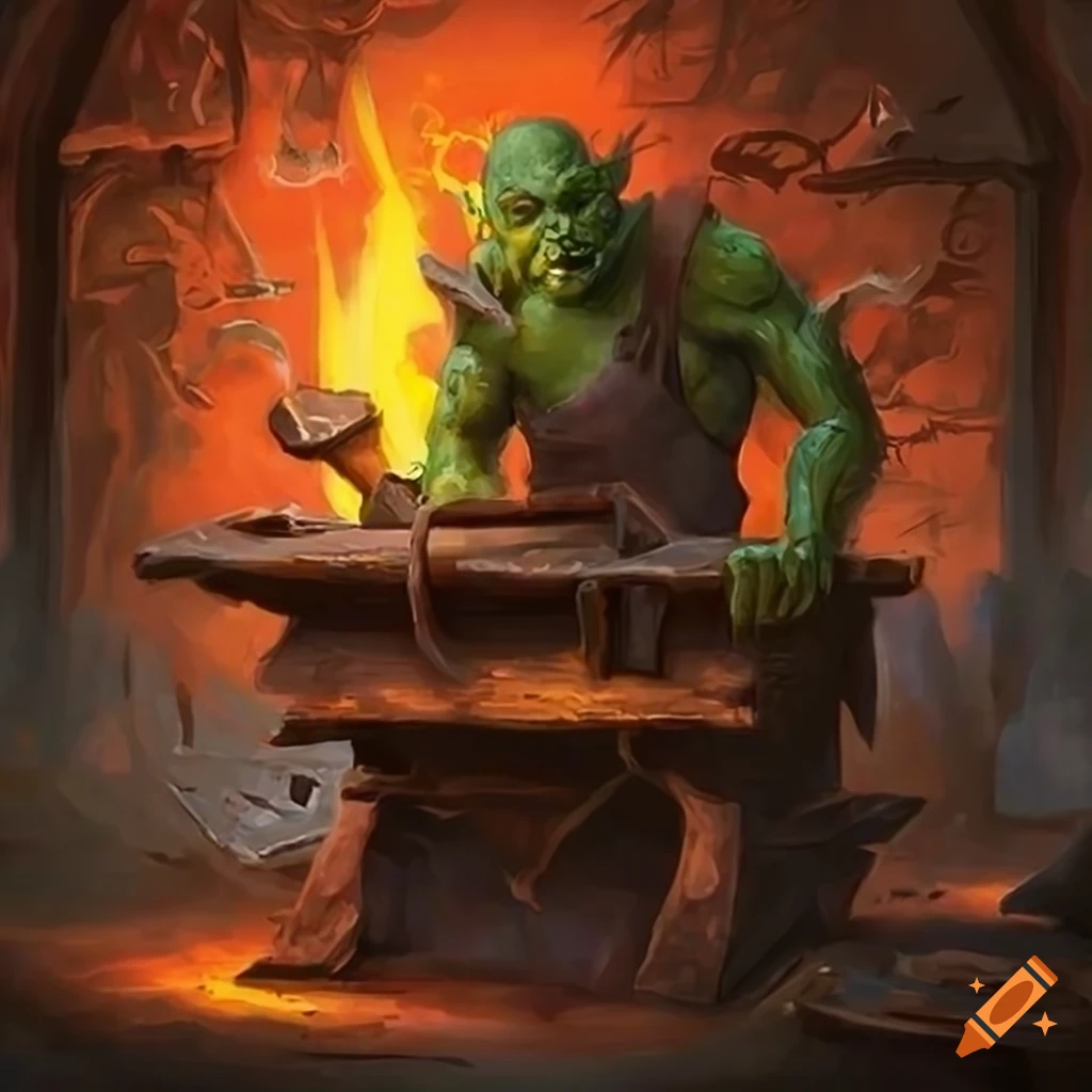 Fantasy rusty blacksmiths forge with goblins at work in the style of old MTG art