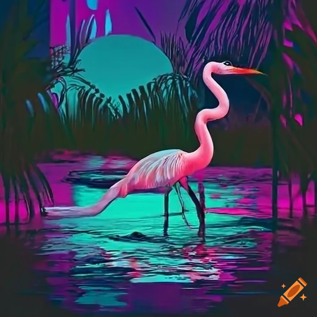 Vaporwave alligator in a lagoon with palmetto plants and birds