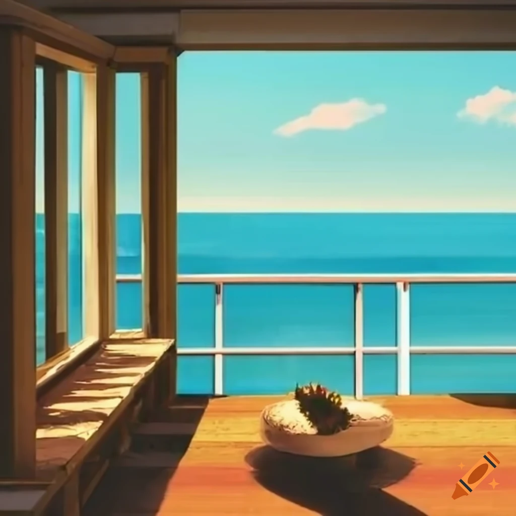 Seaside landscape view through a veranda with a soft palette