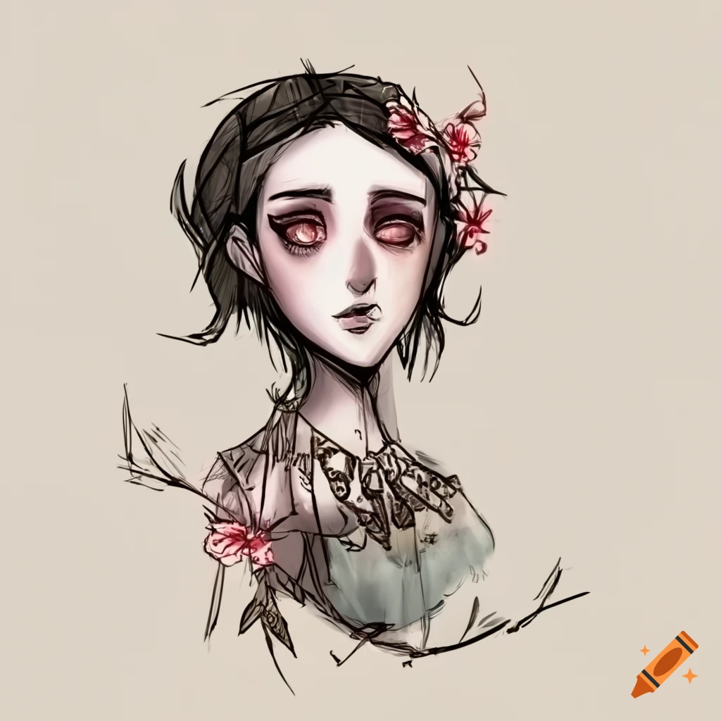 Intricately detailed drawing of a woman in a white flowered dress in the Don't Starve art style