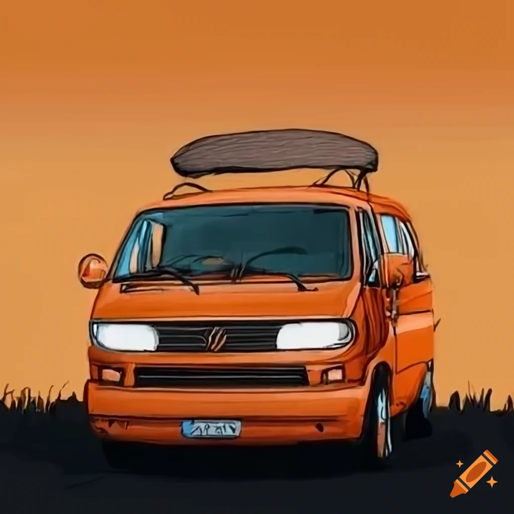 Orange VW T4 bus in the nature of Finland captured in sketch art