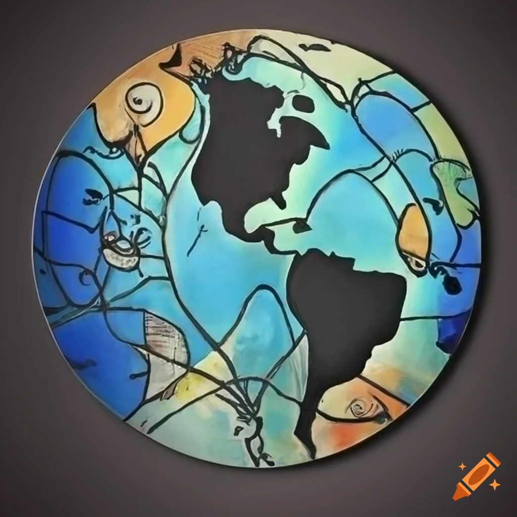 Mapa mundi em formato de círculo com estilo de Pablo Picasso