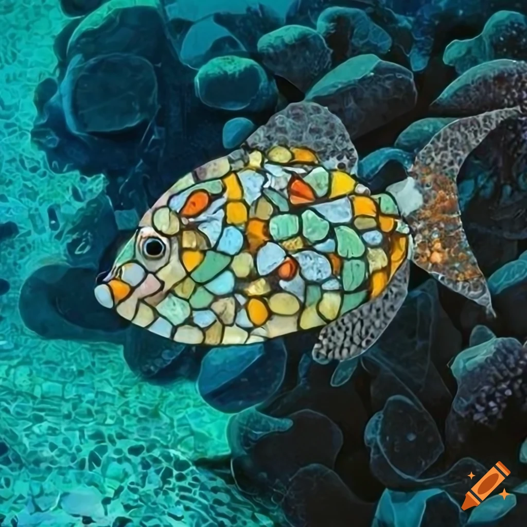 Stone glass texture mosaic fish in a coral reef with Arabic border