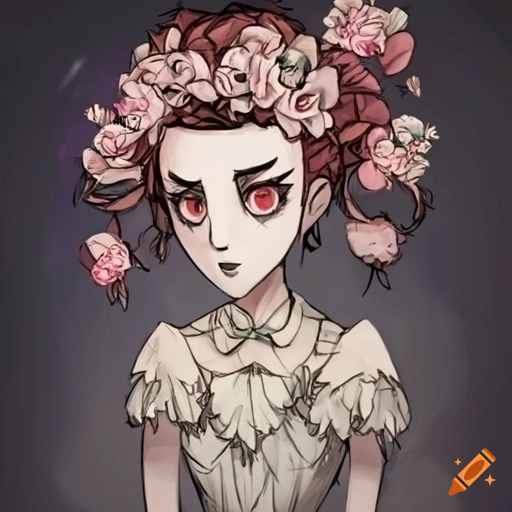 Attractive bridesmaid with flowers in the style of Don't Starve