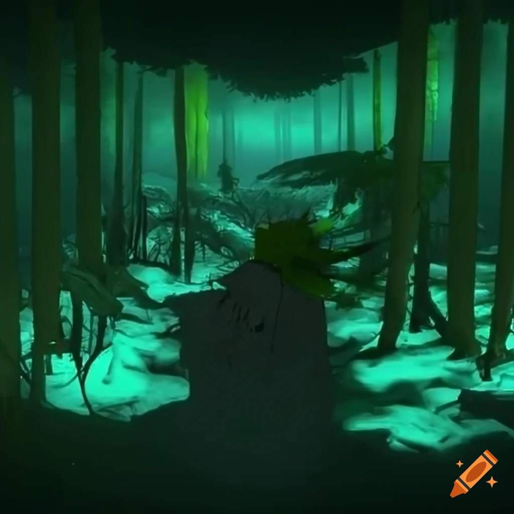 Biopunk forest merging nature and technology with glowing bioluminescent trees