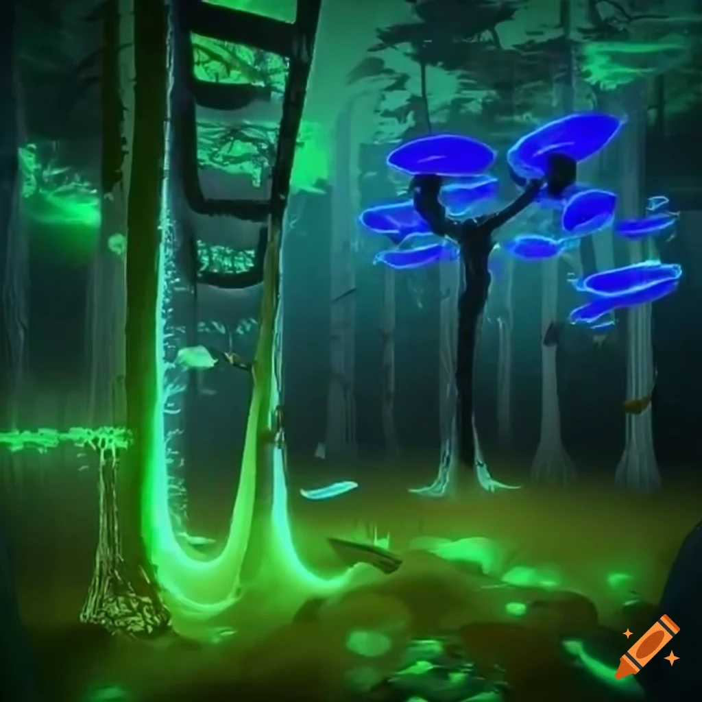 Biopunk paradise with glowing bioluminescent trees in a surreal forest