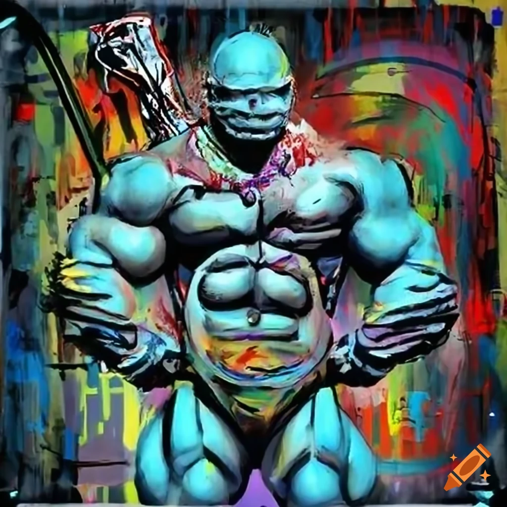 Character BRUTE FORCE in Frank Miller artstyle with blue skin and mutant frog-like face