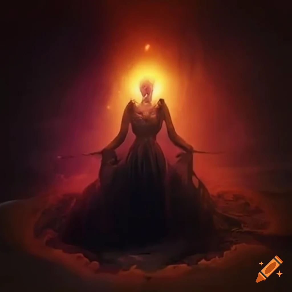 Hypnotic witch surrounded by potions in a gloomy setting
