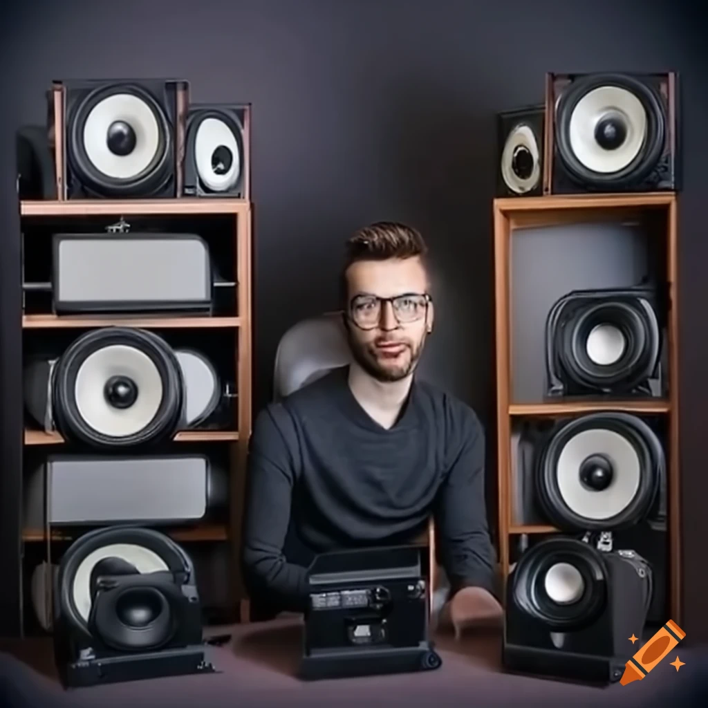 Men surrounded by various speakers in a room with audio technology