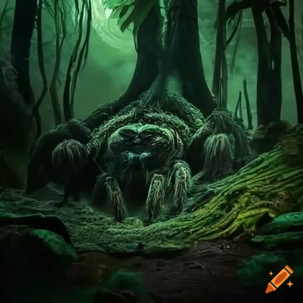 Giant spiders in a dark tropical forest with mist