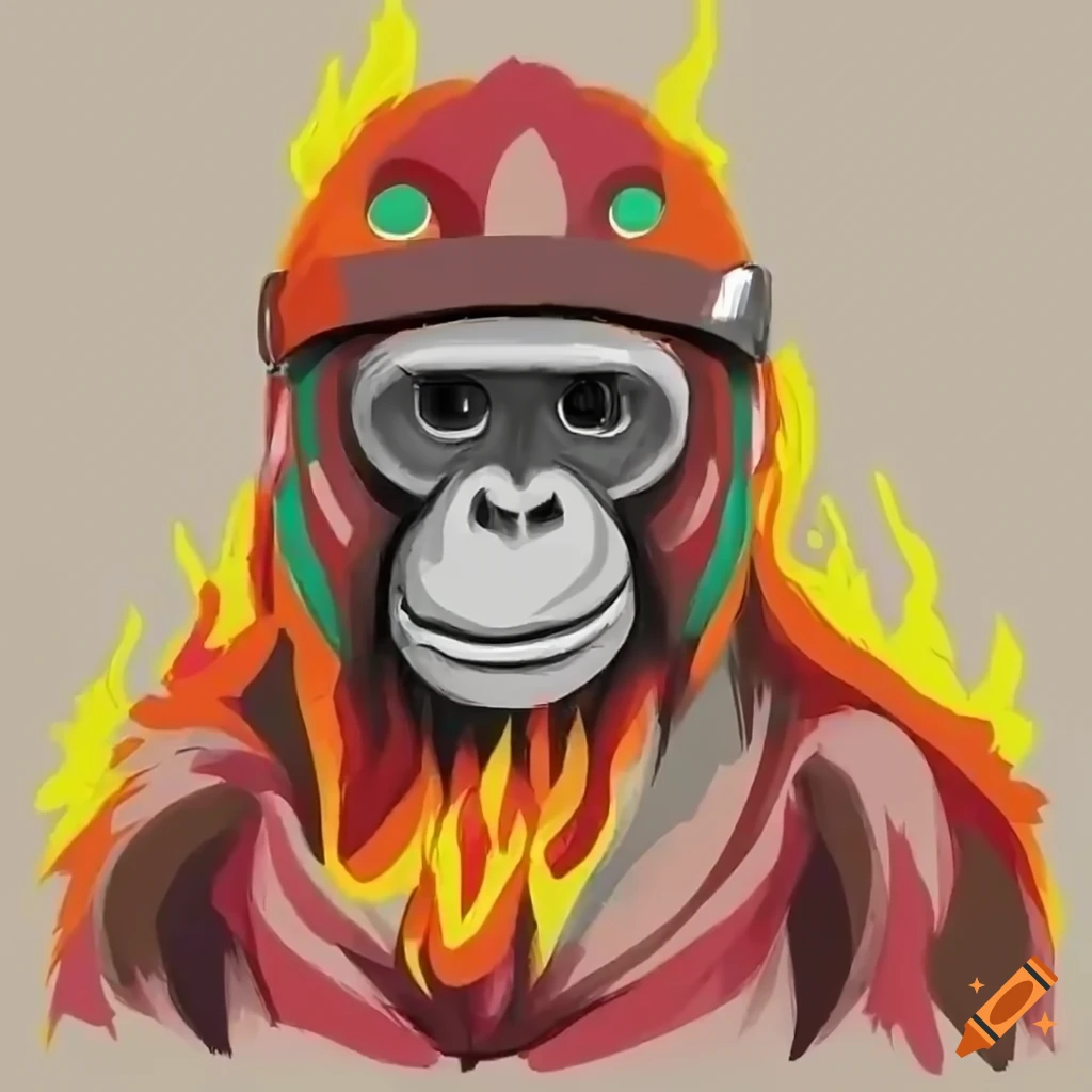 Orangutan with a flamethrower and motorcycle helmet