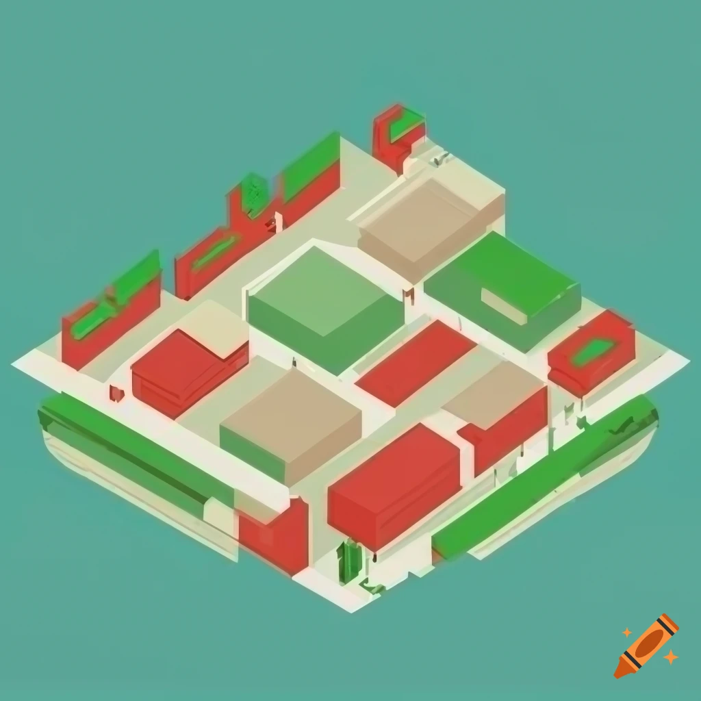 Isometric urban map showing integration with green arrows and disintegration with red arrows