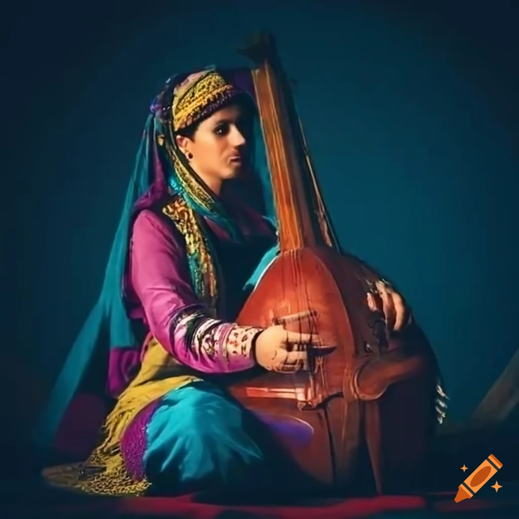 Afghan musicians in traditional attire surrounded by colorful instruments under clear skies
