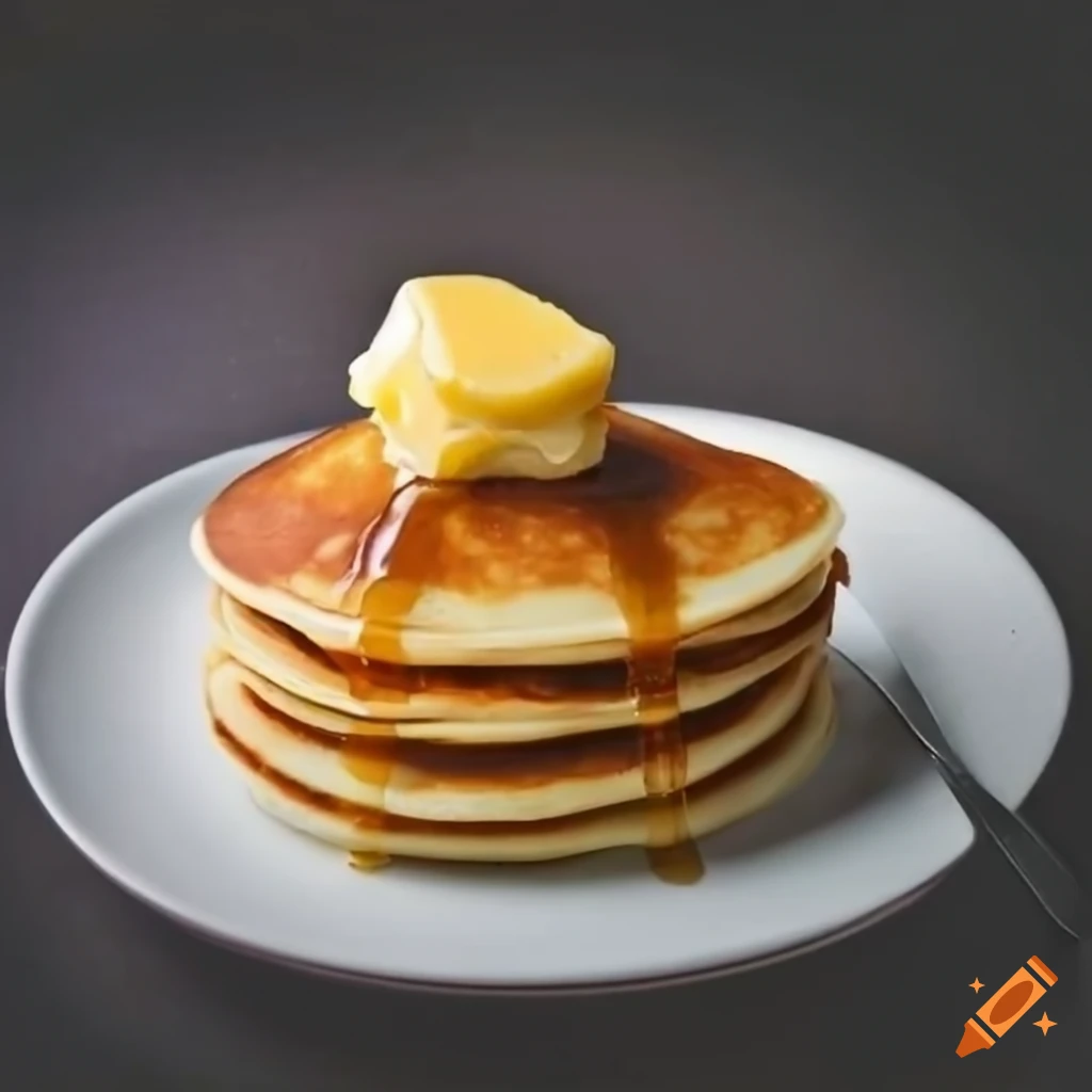 Pancake with butter and syrup on a white plate