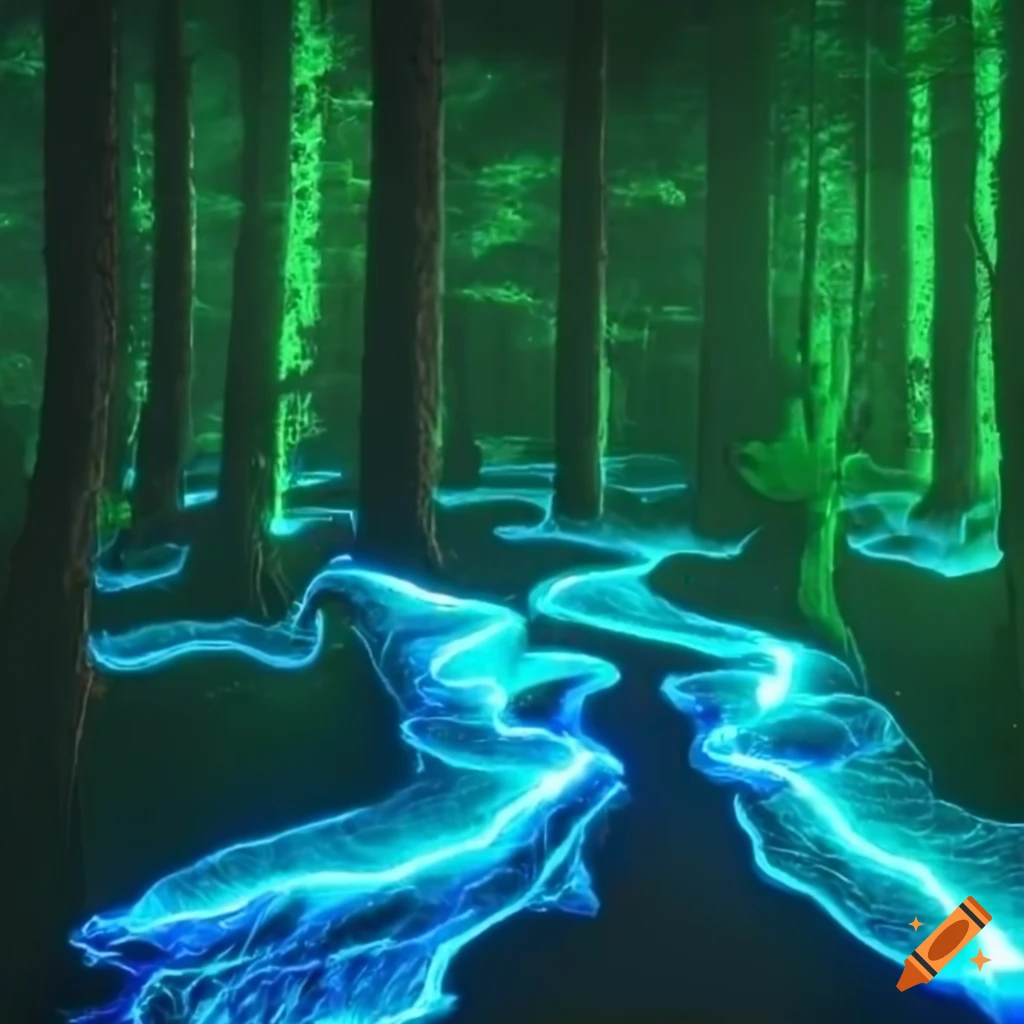 Biopunk paradise with glowing bioluminescent trees in a surreal forest