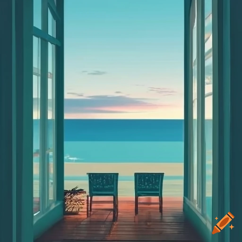 Seaside landscape view through a veranda with a soft palette