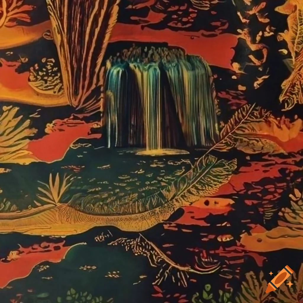70s sci-fi fantasy landscape with plants and geometric leaves