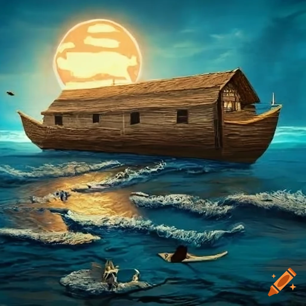 Primitive Noah's ark on a stormy sea resembling a longhouse