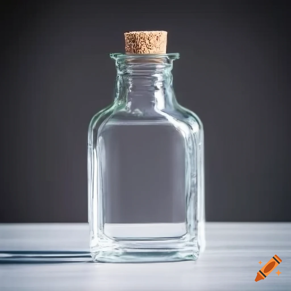 Square clear glass bottle with cork on white background