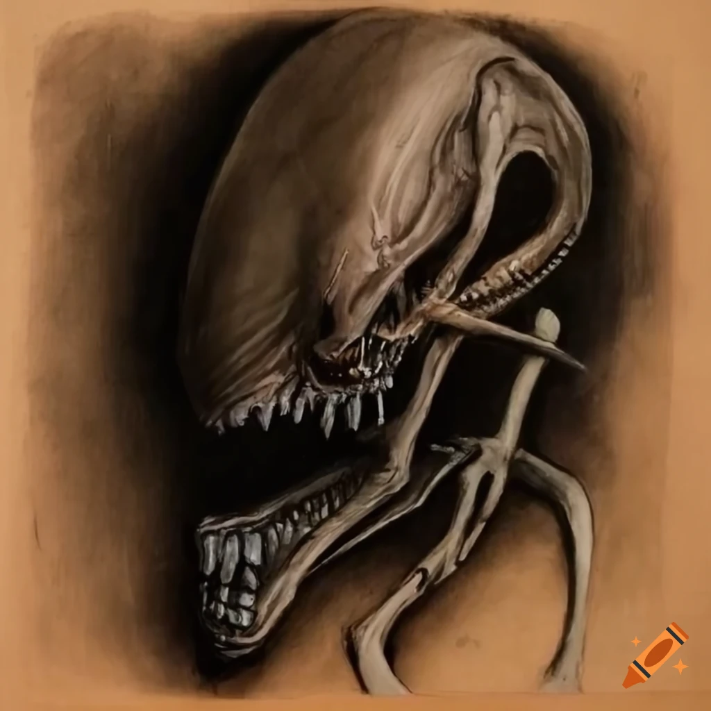Xenomorph stalking in a charcoal drawing on tan paper