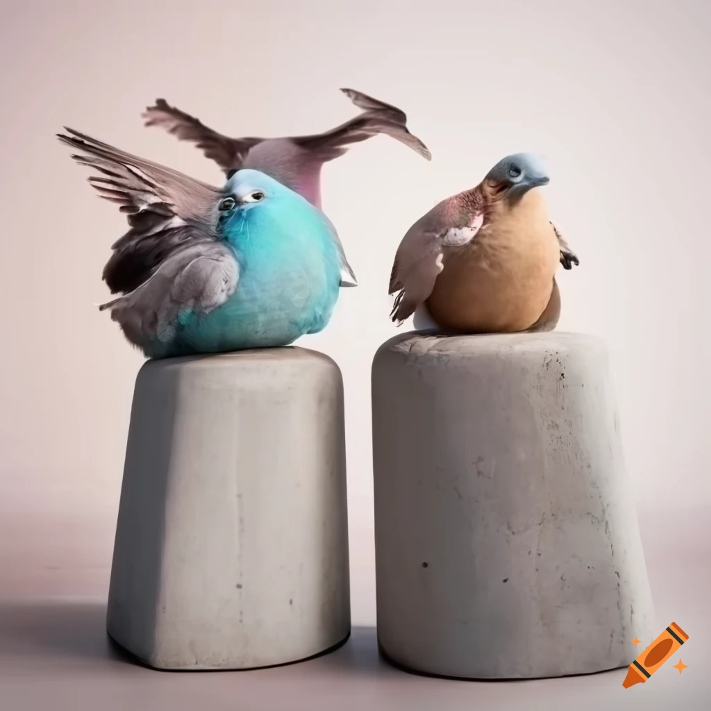 Concrete chairs with stuffed pigeons on white background