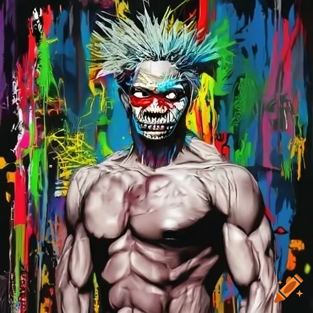 Muscular supervillain named Spike with silver skin and scary eyes in a Basquiat art style