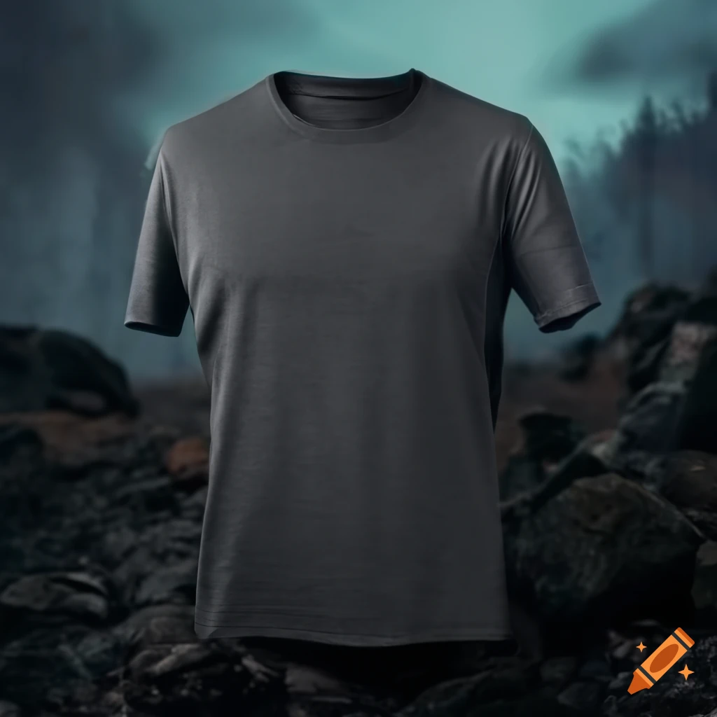 Dark gray t-shirt mockup with hiking and camping gears outdoor adventure atmosphere