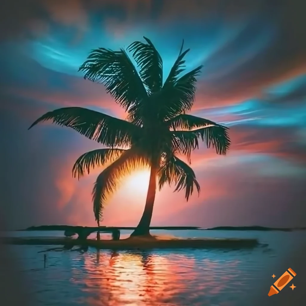Island with palm trees and a raft in the foreground
