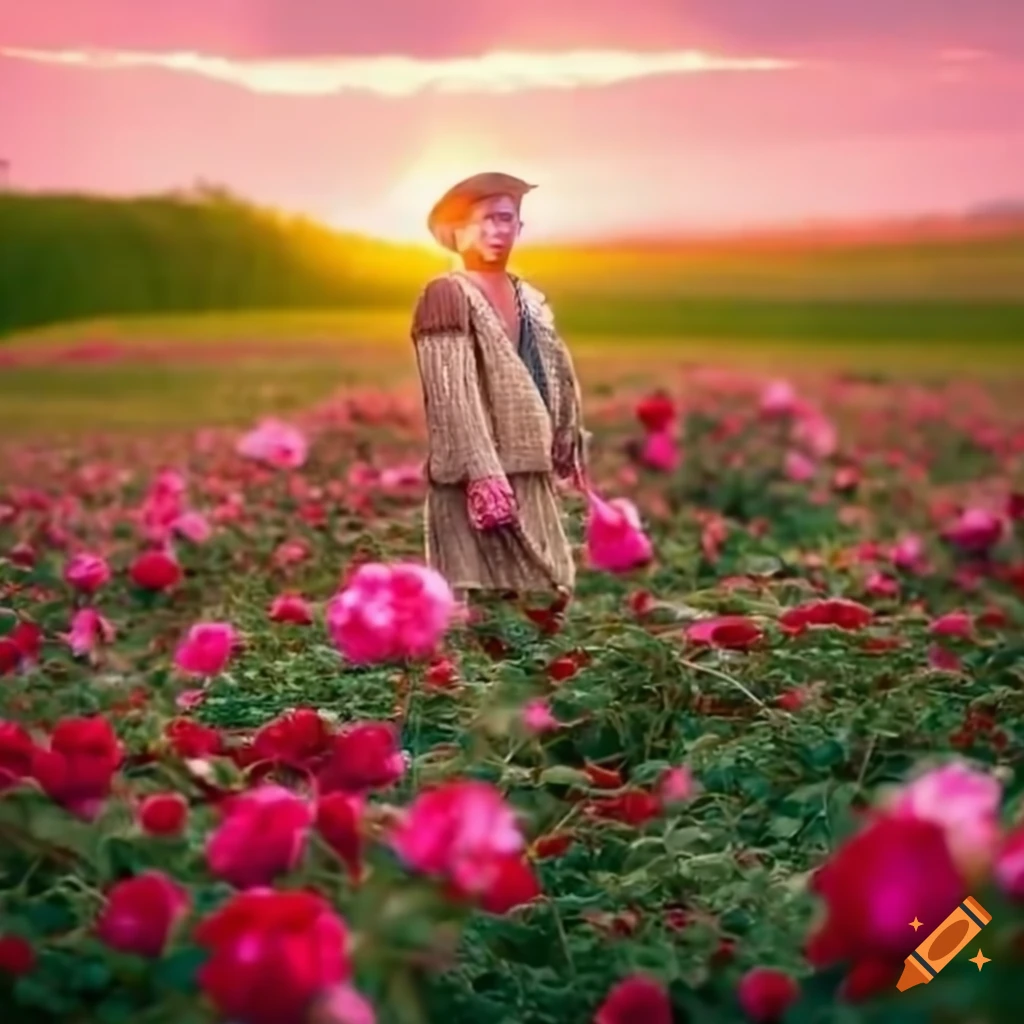 Rose field in ancient times with a standing farmer