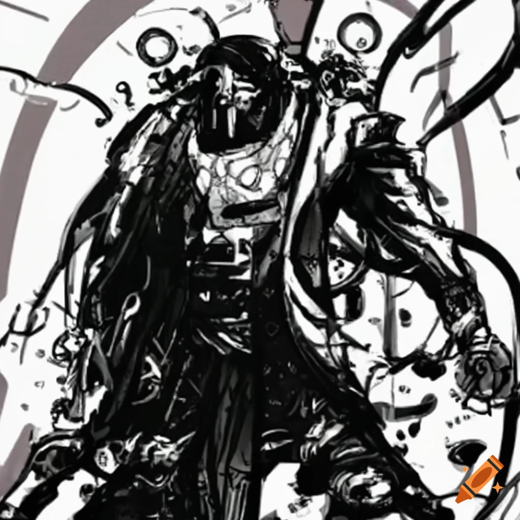 High-contrast black and white comic style of a 40k Tech priest cyborg