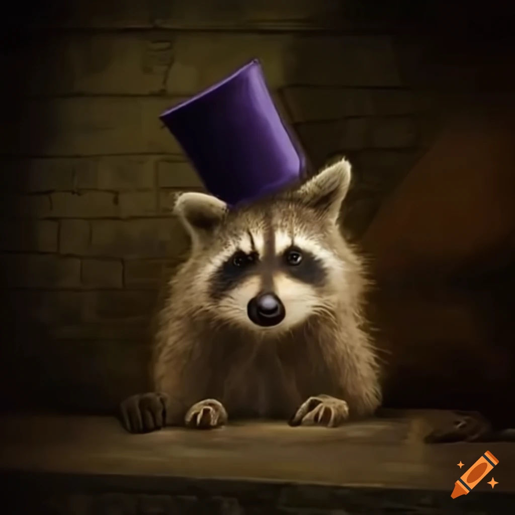 Surreal raccoon in magician hat flying over underground dungeon