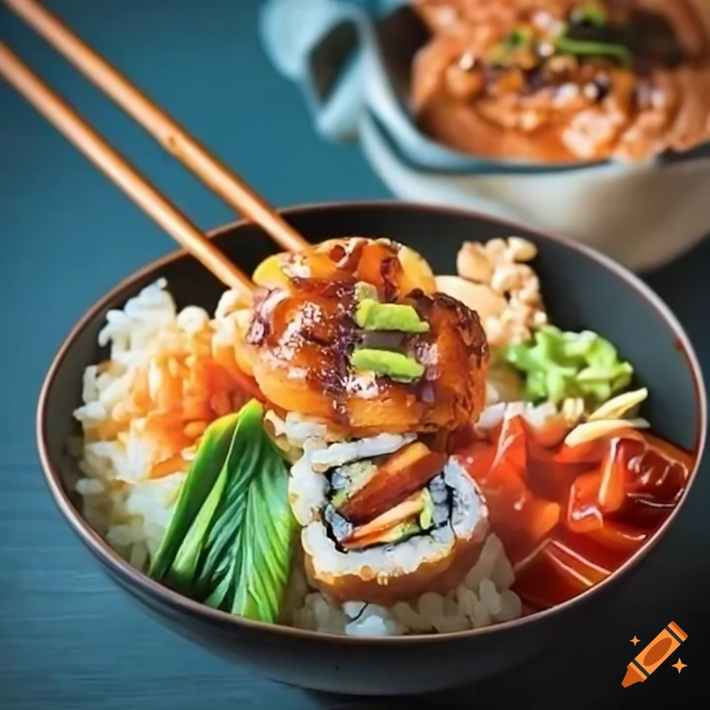 Fusion Japanese Egg Sushi with Sri Lankan rice and Korean Tteokbokki bowl